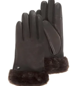 DAMES ISOTONER Leren dameshandschoenen met bontrand Bruin