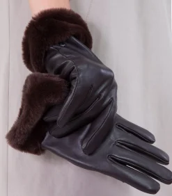 DAMES ISOTONER Leren dameshandschoenen met bontrand Bruin