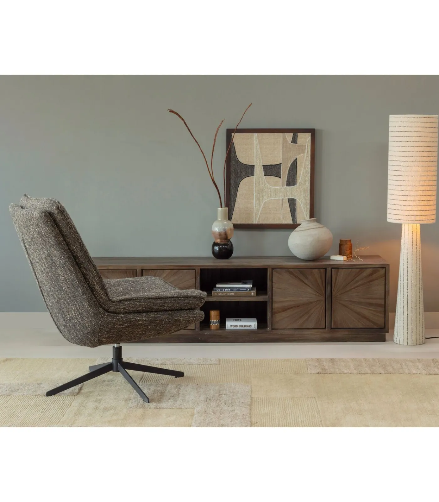 Outlet Loft Vloerlamp - Metaal/Bouclé - Naturel Met Strepen 130xØ30 cm Vloerlampen