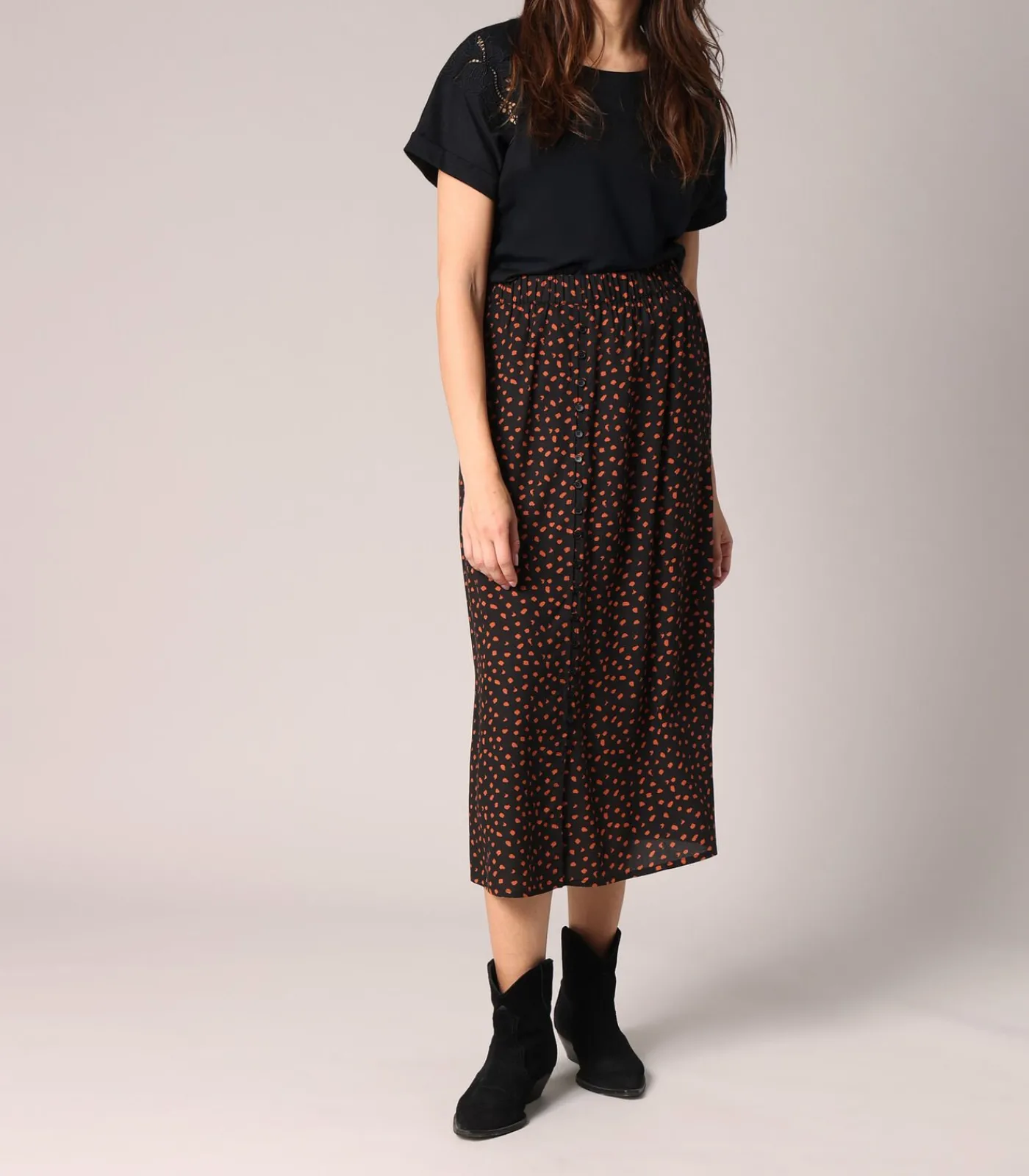 DAMES Deeluxe LOUNA - Midi-rok met stippenprint en elastische taille