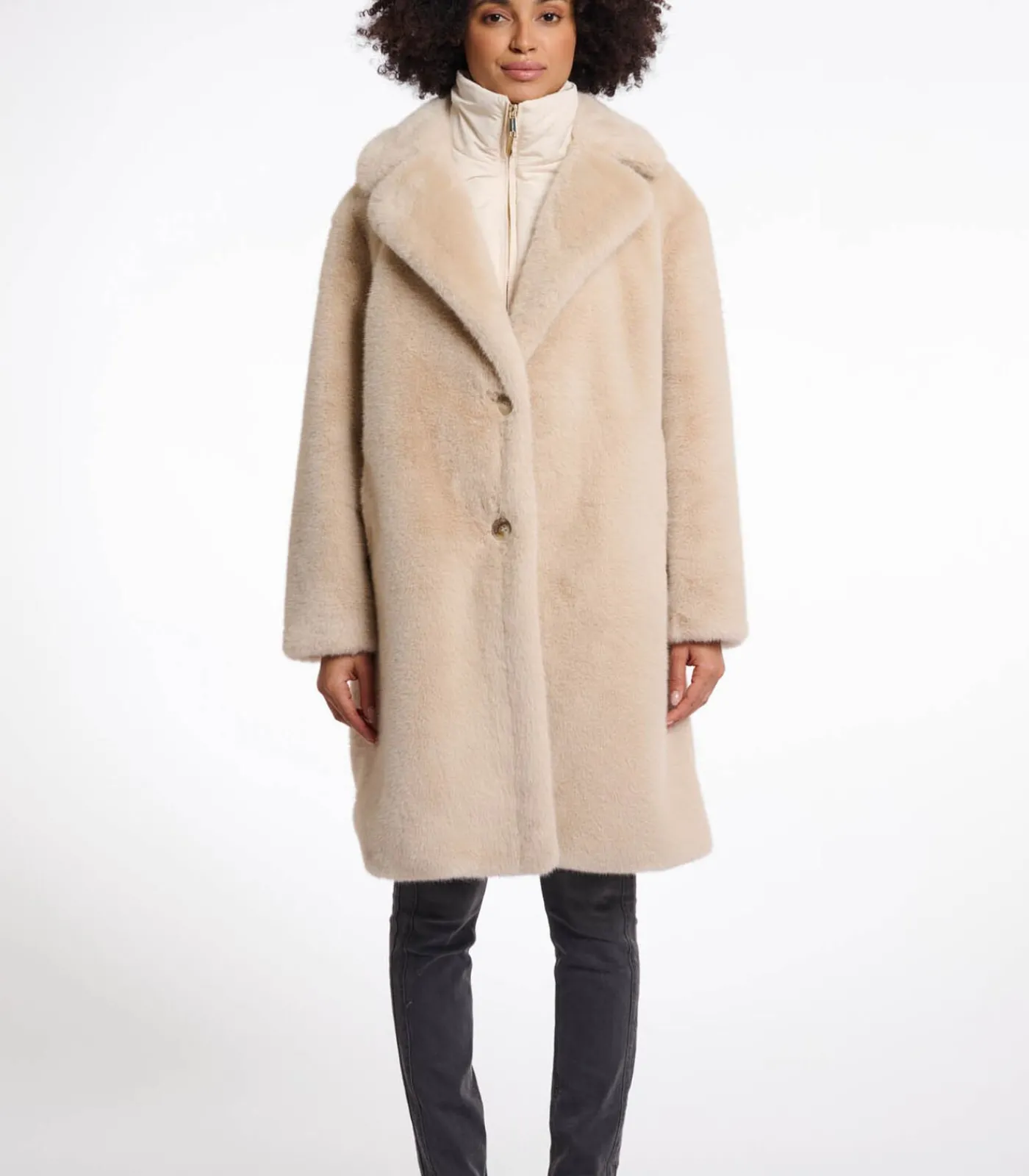 DAMES Rino&Pelle Mantel van imitatiebont met enkele borst en afneembare kraag Licht haver 36