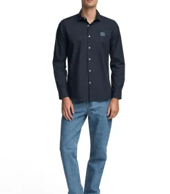 Online Marineblauw hemd met slim fit, Italiaanse kraag en -logo Heren Hemden