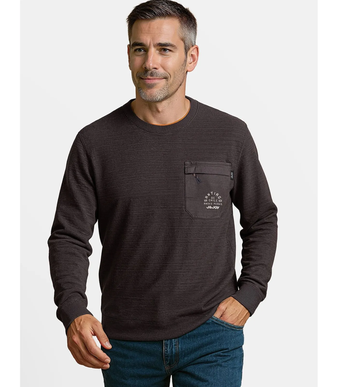 Heren J&JOY Marineblauw heren T-shirt met lange mouwen en borstzakje