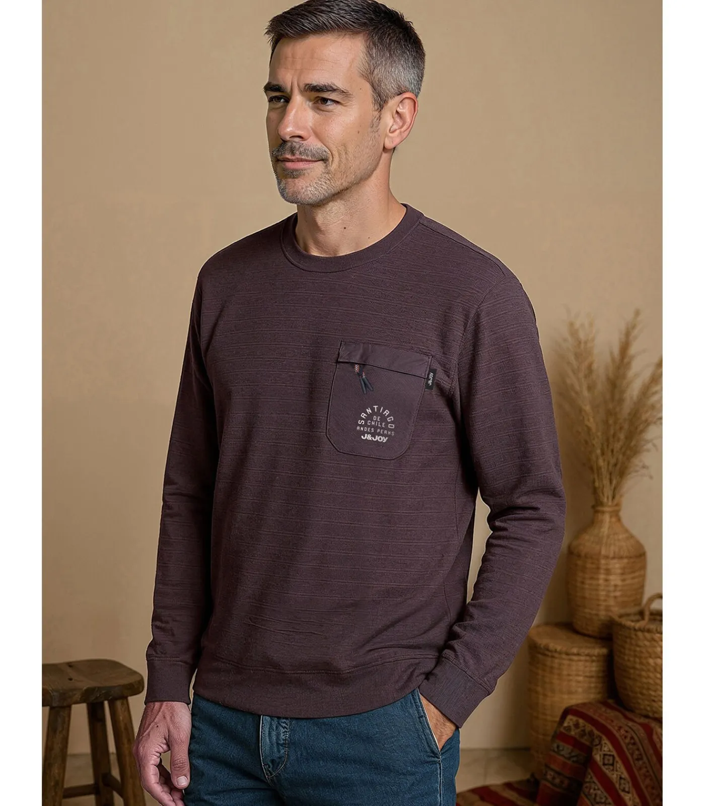 Heren J&JOY Marineblauw heren T-shirt met lange mouwen en borstzakje