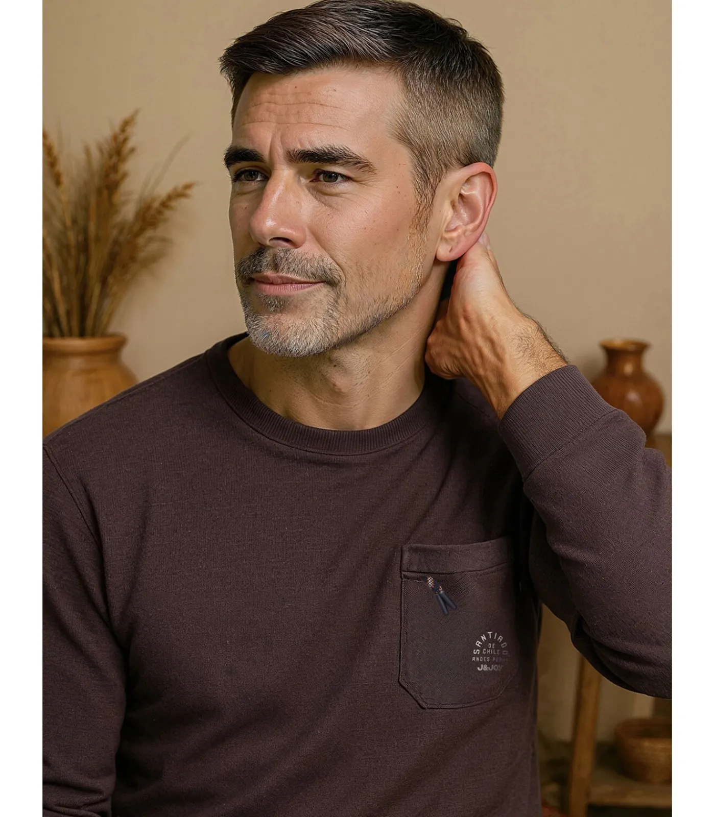 Heren J&JOY Marineblauw heren T-shirt met lange mouwen en borstzakje