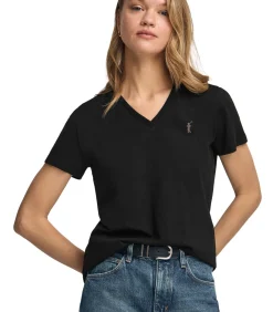 Online Marineblauw T-shirt met V-hals en Rigby Go Gold-logo DAMES T-Shirts & Tops