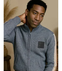 Heren J&JOY Marineblauwe herentrui met gekleurde strepen