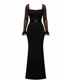 DAMES Goddiva Maxi-jurk “Dobby Mesh Feather Sleeve Evening Maxi Dress”