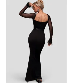 DAMES Goddiva Maxi-jurk “Dobby Mesh Feather Sleeve Evening Maxi Dress”