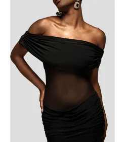 DAMES Goddiva Maxi-jurk “Gathered Off The Shoulder Mesh Waist Panel Maxi Dress”