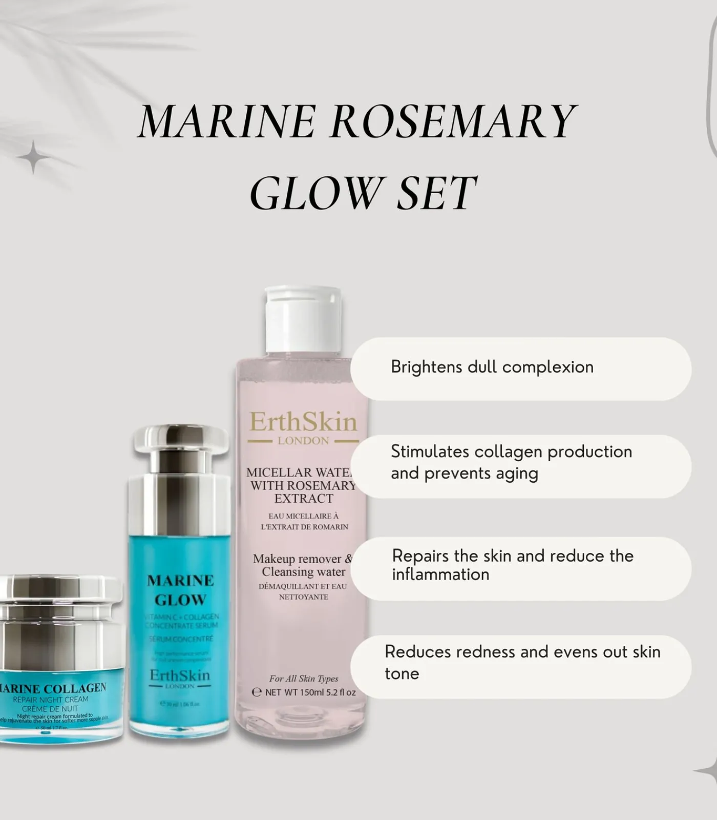 Erth Skin London Micellair water met rozemarijnextract + zeeserum + nachtcrème met marien collageen