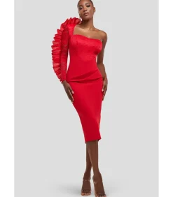 DAMES Goddiva Midi-jurk “One Shoulder Organza Fan Detail Lace Bodice Midi Dress”