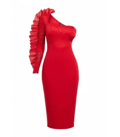 DAMES Goddiva Midi-jurk “One Shoulder Organza Fan Detail Lace Bodice Midi Dress”