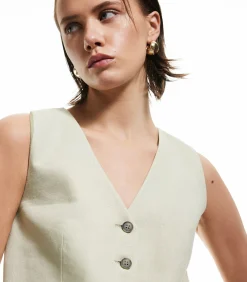 Mouwloze Linnen Blazer Yelek met Knoopsluiting DAMES Sportkledij