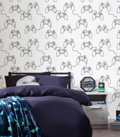 Sale - Vliesbehang - Gamer Doodle Black & White - 1000x52 Wanddecoratie