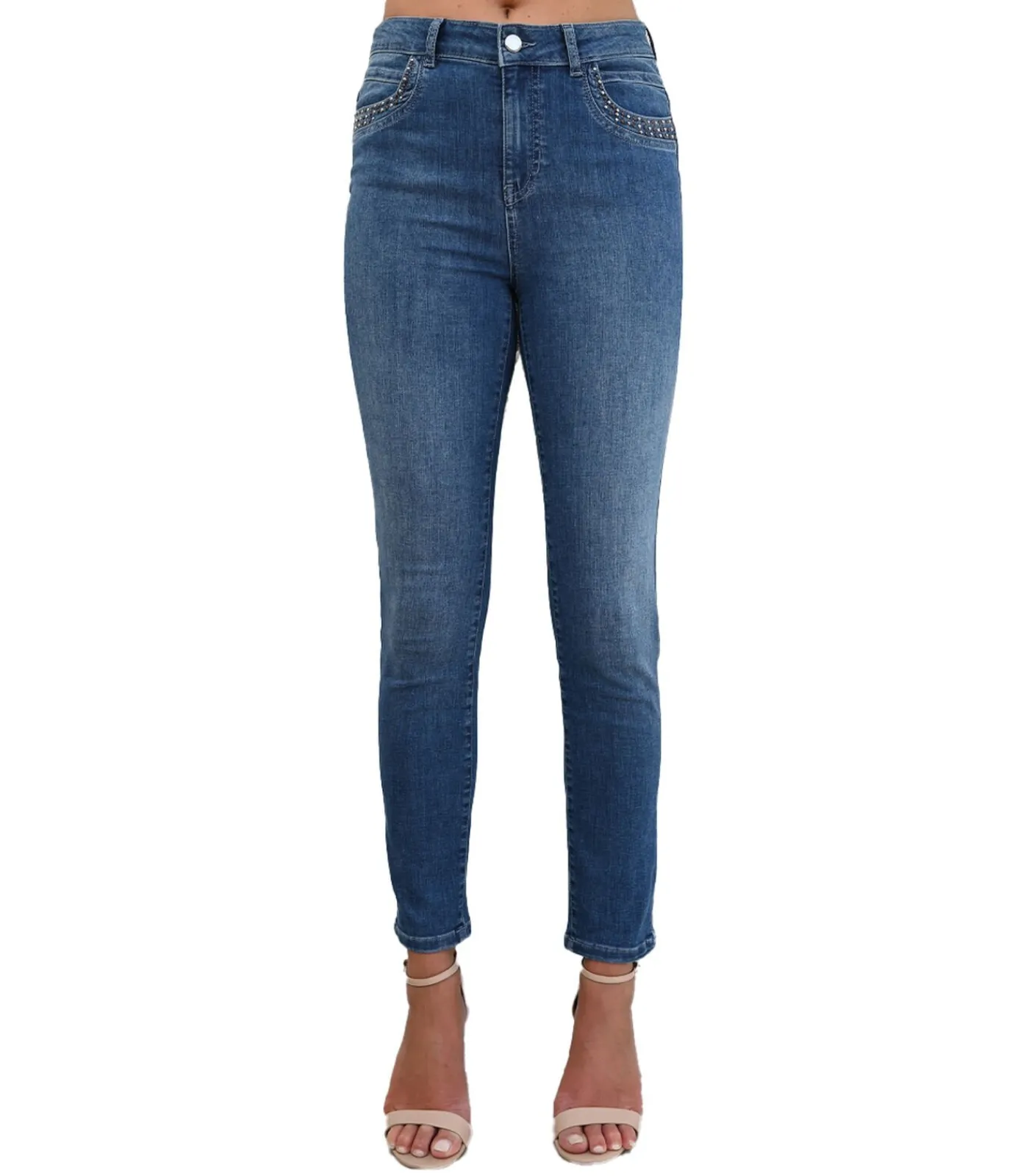 DAMES BLEU D'AZUR OMAN - BLAUWE SLIM JEANS MET ZAKJE MET STUDS