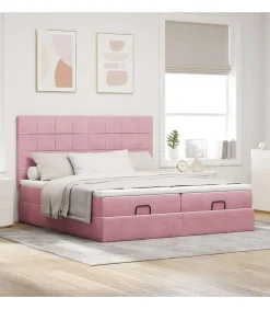 Hot Ottoman bed met matrassen en LED's 200x200cm fluweel roze Bedden