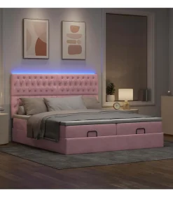 Discount Ottoman bed met matrassen en LED's 200x200cm fluweel roze Bedden