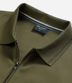 Heren OLYMP Overhemd Zip Pullover Olijfgroen