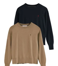 Outlet Pack van twee damestruien van wolmix in marineblauw en lichtbruin met geborduurd Rigby Go-logo DAMES Truien & Cardigans