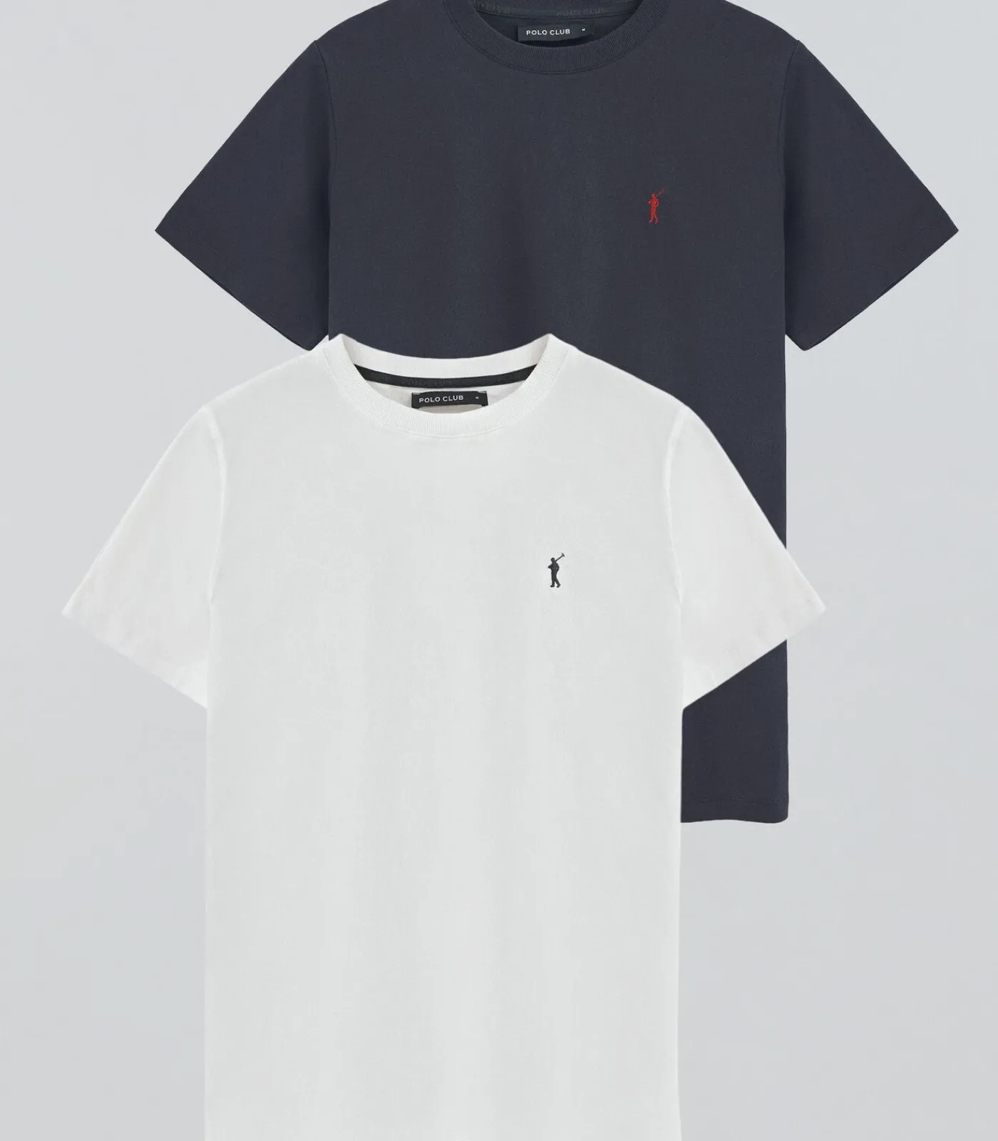 Heren Polo Club Pack van twee T-shirts voor heren in marineblauw en wit met ronde hals met geborduurd Rigby Go-logo