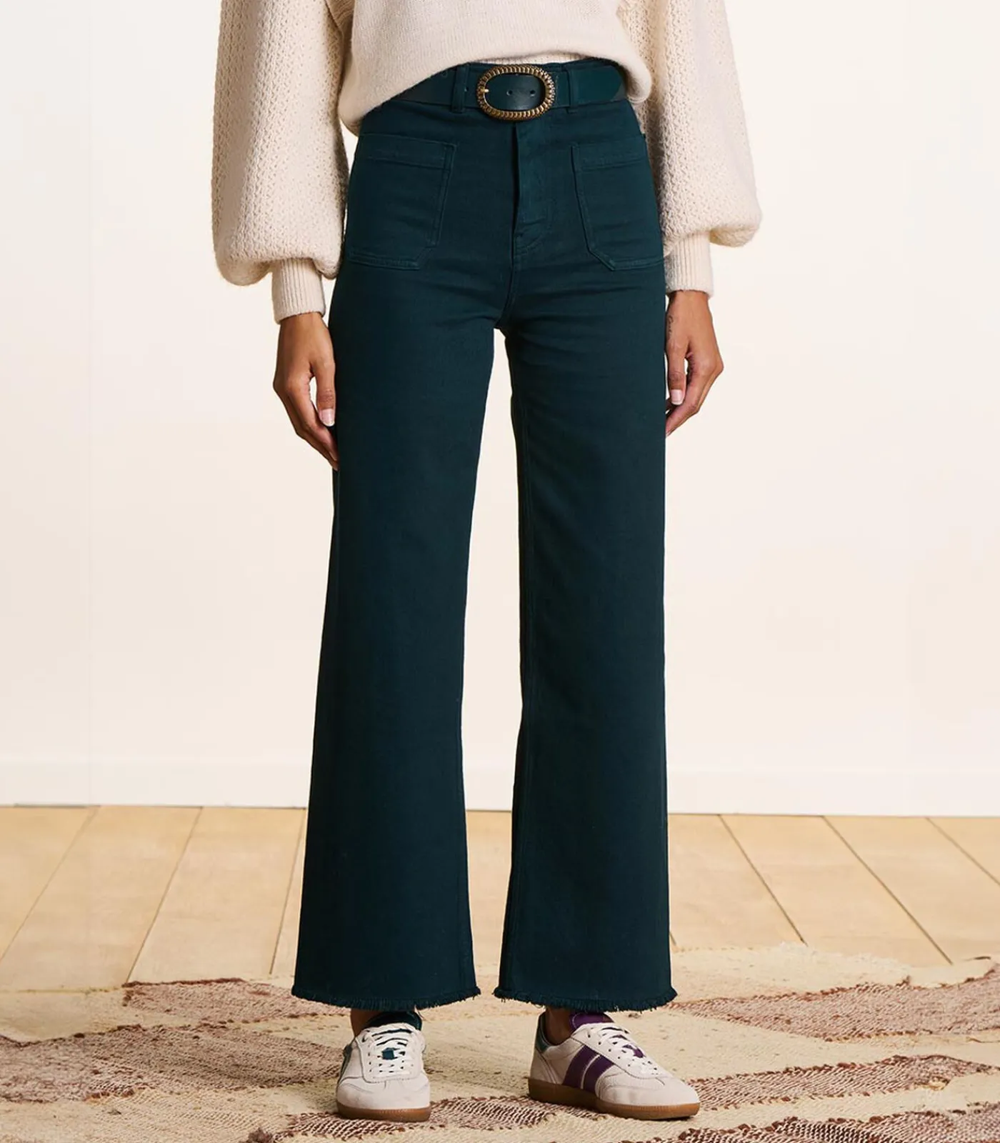 DAMES La Fée Maraboutée petrolblauwe flare jeans met hoge taille van organisch katoen