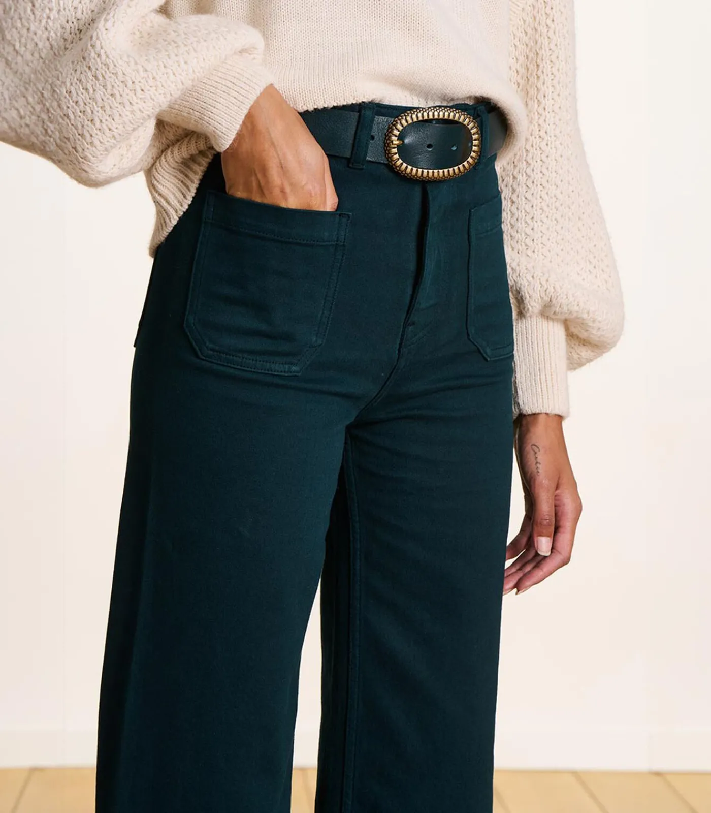 DAMES La Fée Maraboutée petrolblauwe flare jeans met hoge taille van organisch katoen