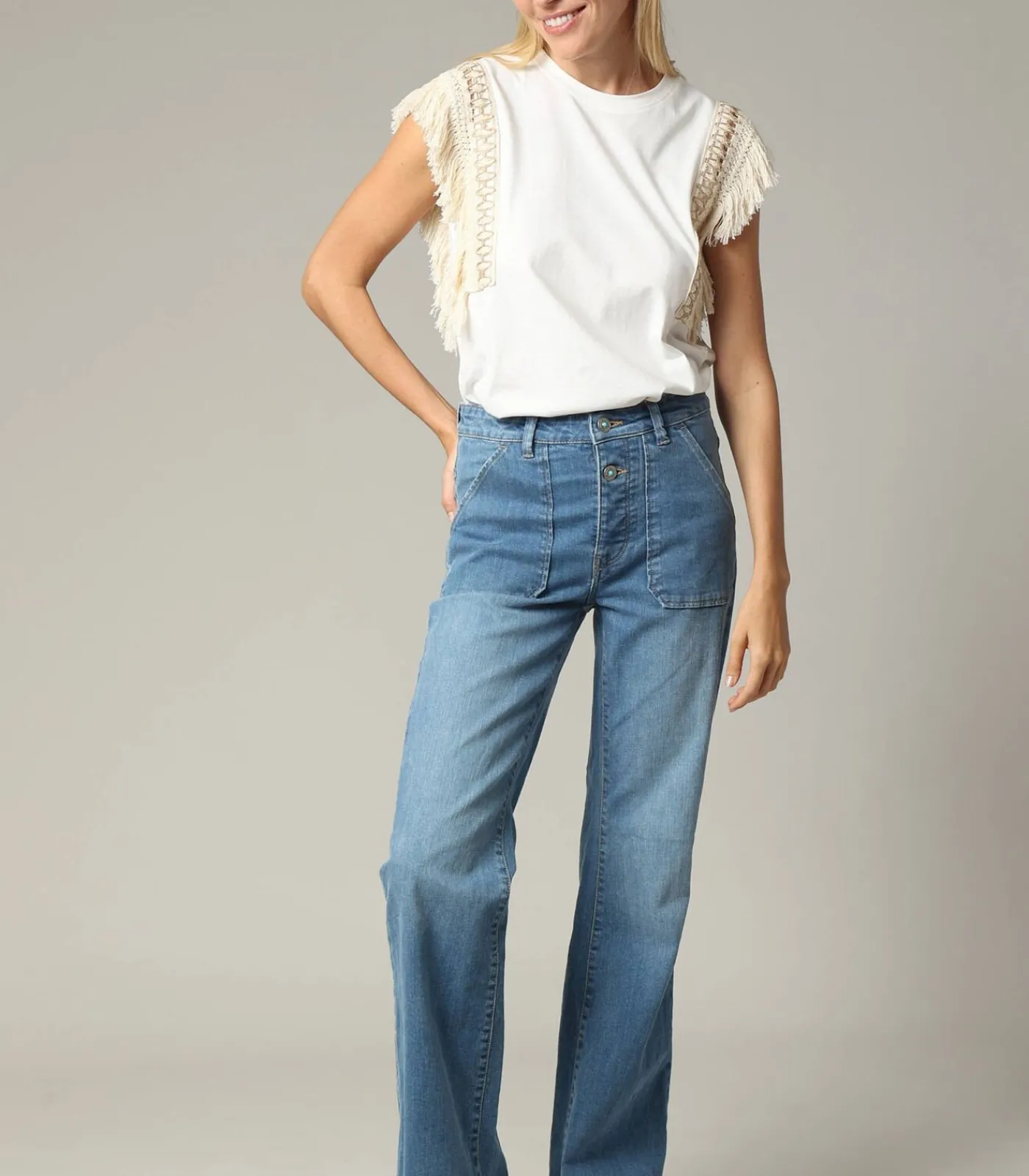 DAMES Deeluxe RIO - Blauwe denim flare jeans met ritssluiting