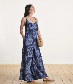 Outlet Ruimvallende blauwe jumpsuit met bloemenprint en bandjes DAMES Jumpsuits