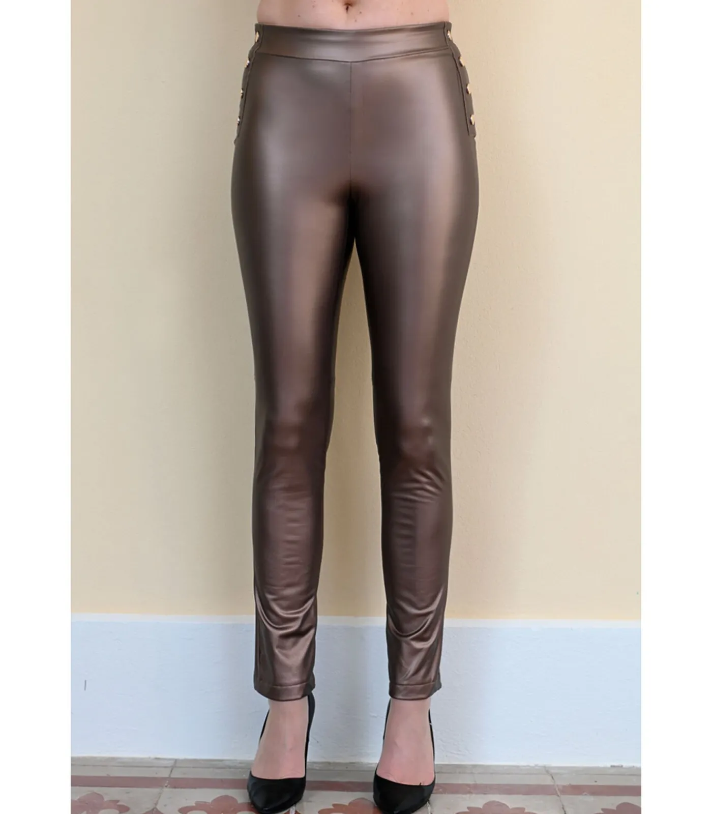 Sale RUTH Broek met leerlook in bronsgoud DAMES Jeans