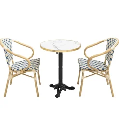 Oviala Set van wit marmeren terrastafel en 2 blauwe stoelen