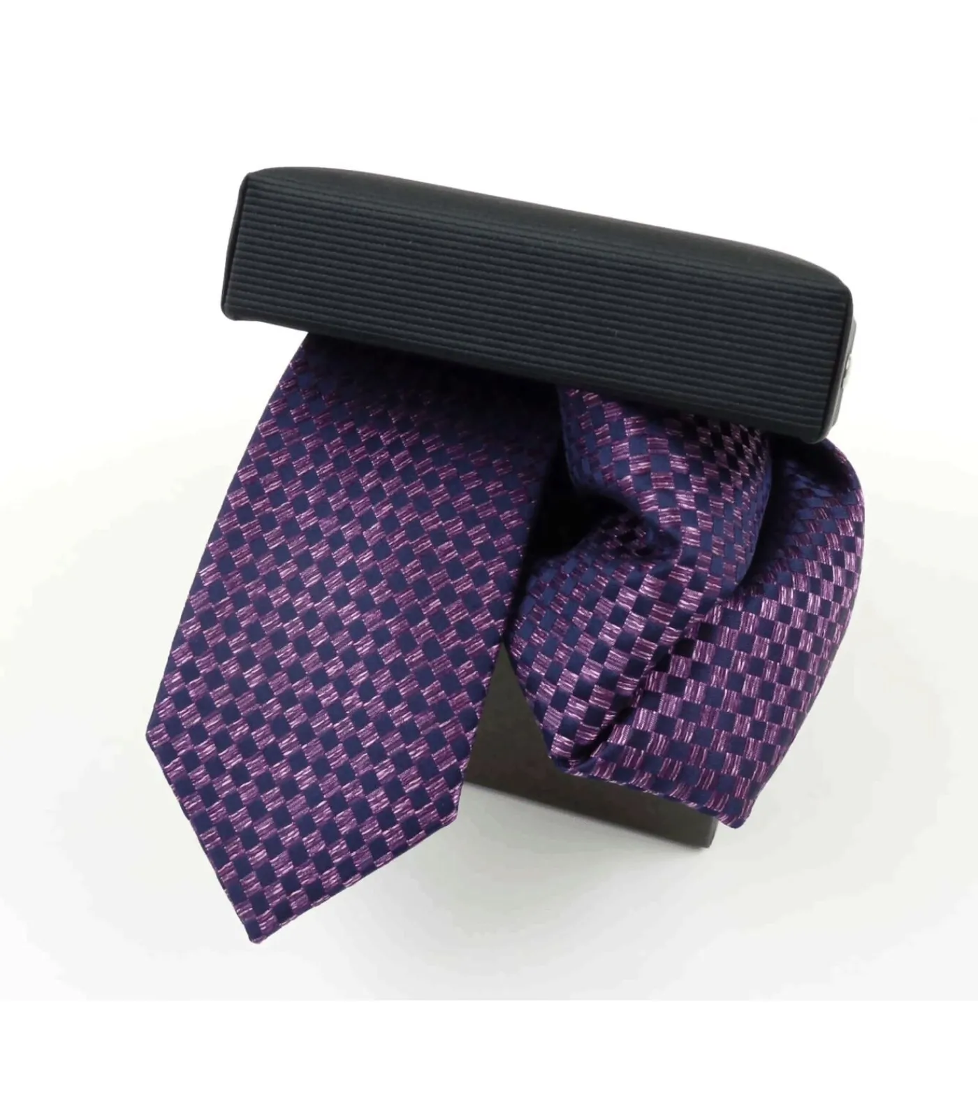 Heren Shirts & co Set zijden das en pochet paars geblokt