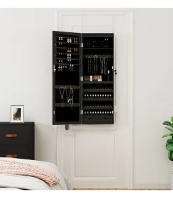 vidaXL Sieradenkast met spiegel en LED wandgemonteerd zwart