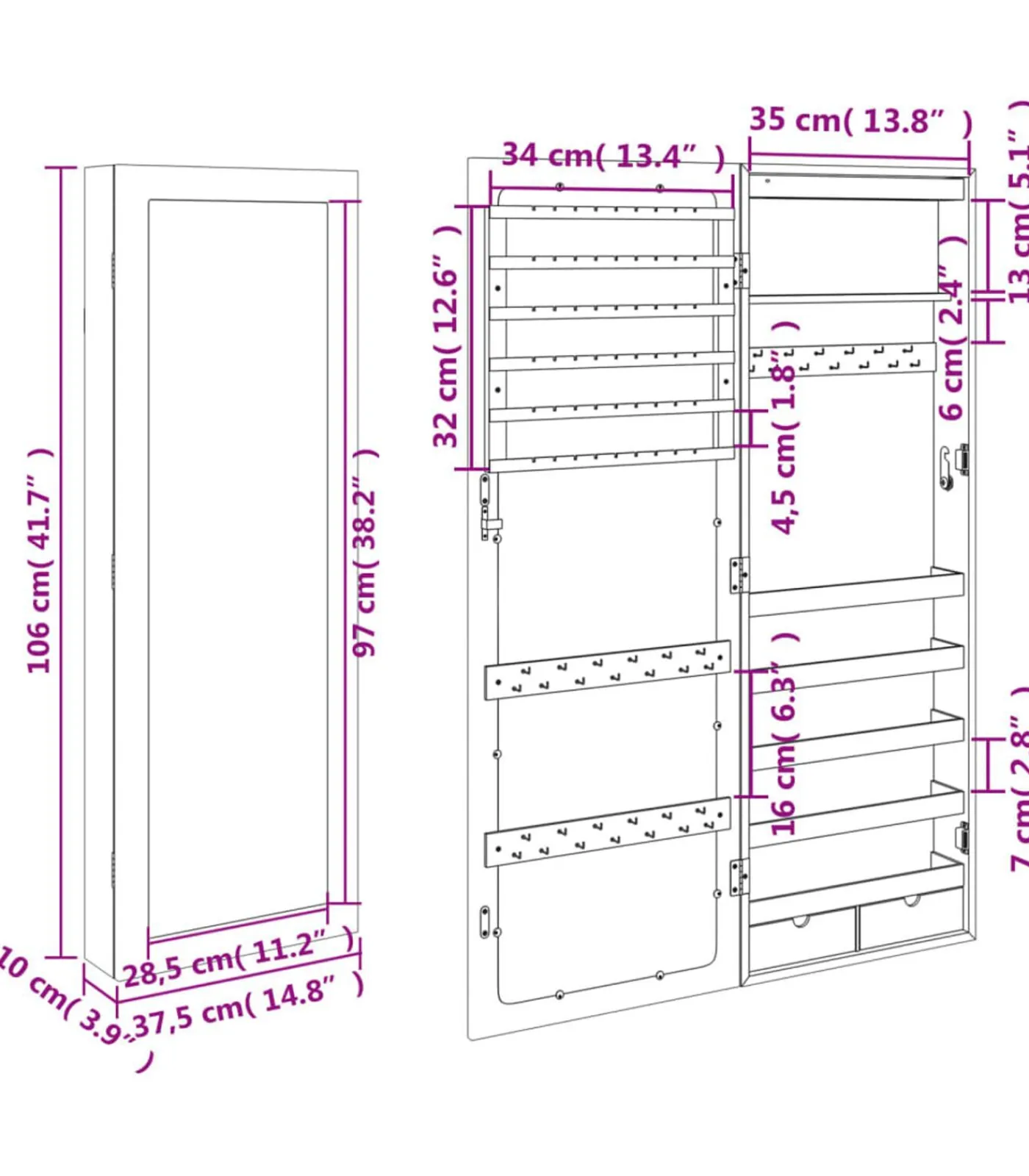 Best Sieradenkast met spiegel en LED wandgemonteerd wit Spiegels