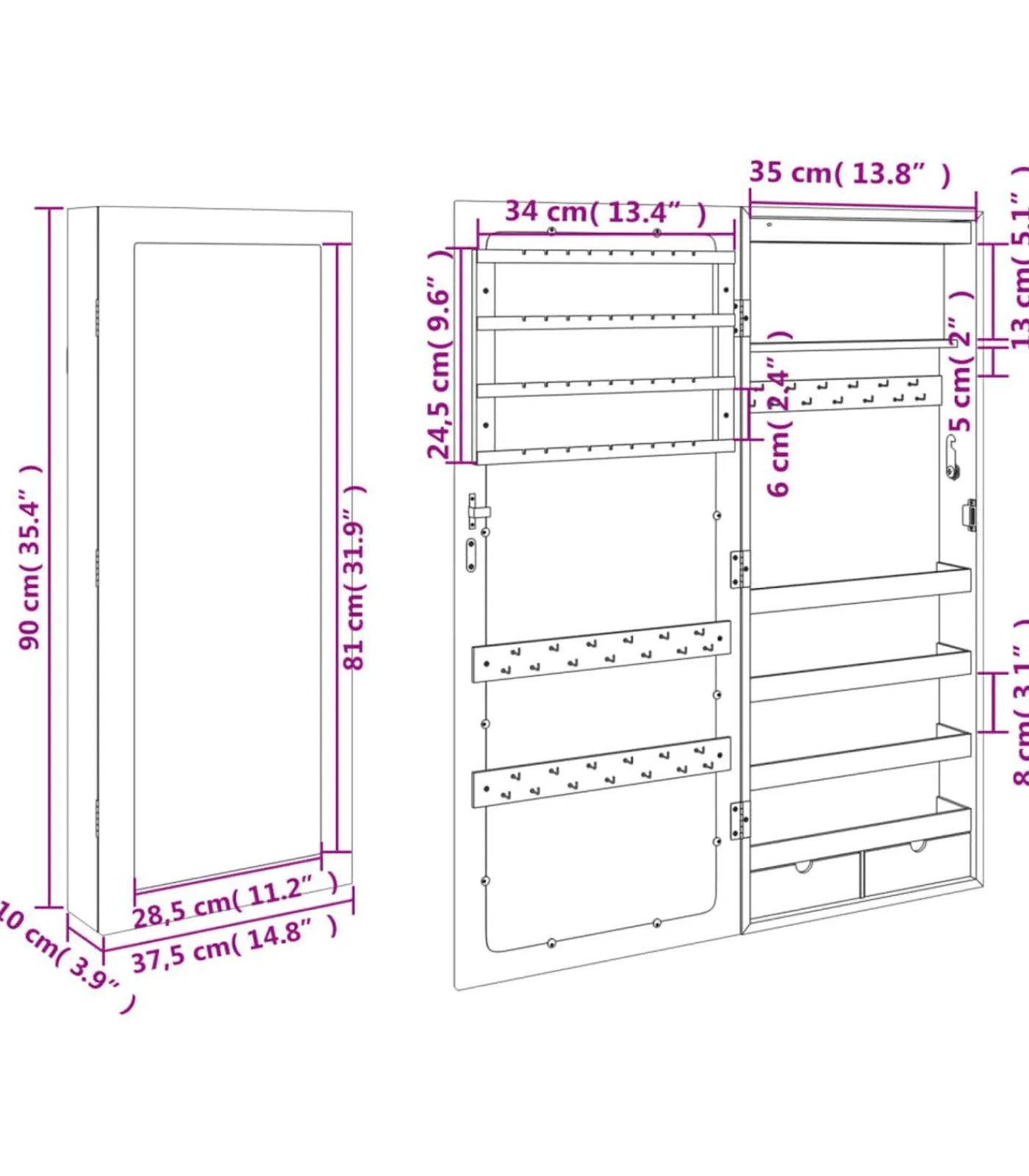 vidaXL Sieradenkast met spiegel en LED wandgemonteerd wit
