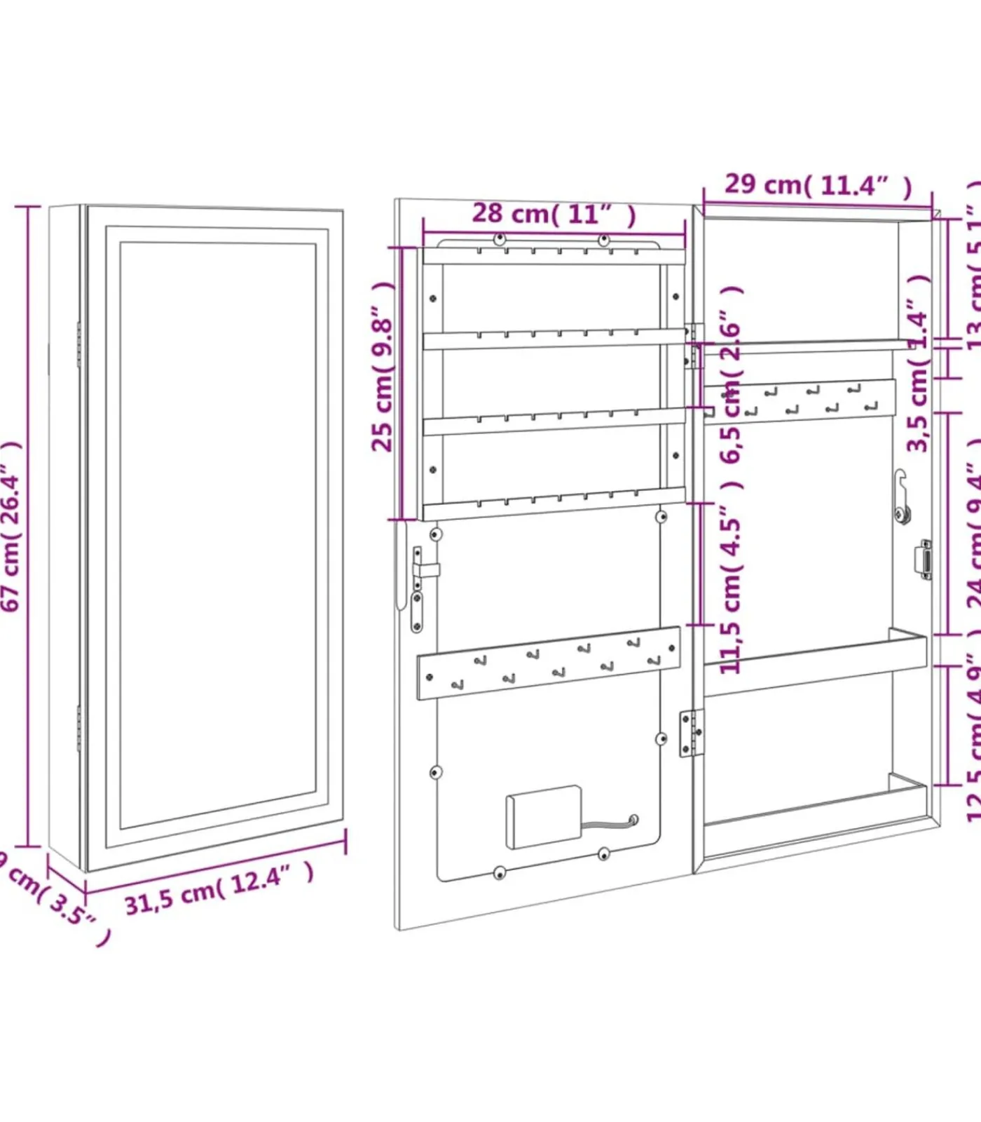 vidaXL Sieradenkast met spiegel en LED wandgemonteerd wit