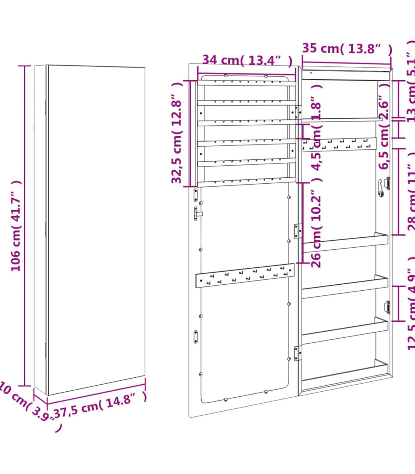 Clearance Sieradenkast met spiegel en LED wandgemonteerd Spiegels