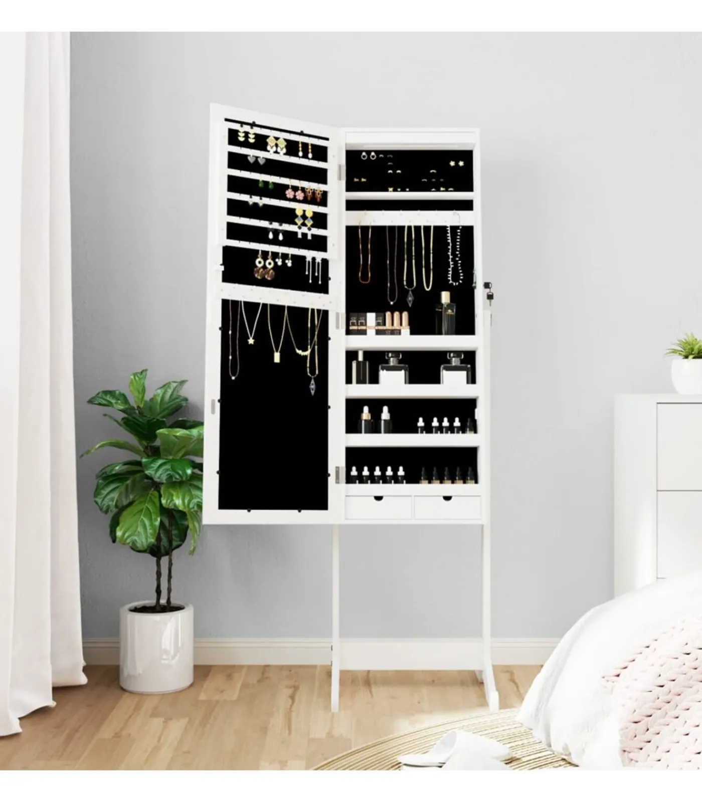 Sieradenkast met spiegel met LED-verlichting vrijstaand wit Spiegels