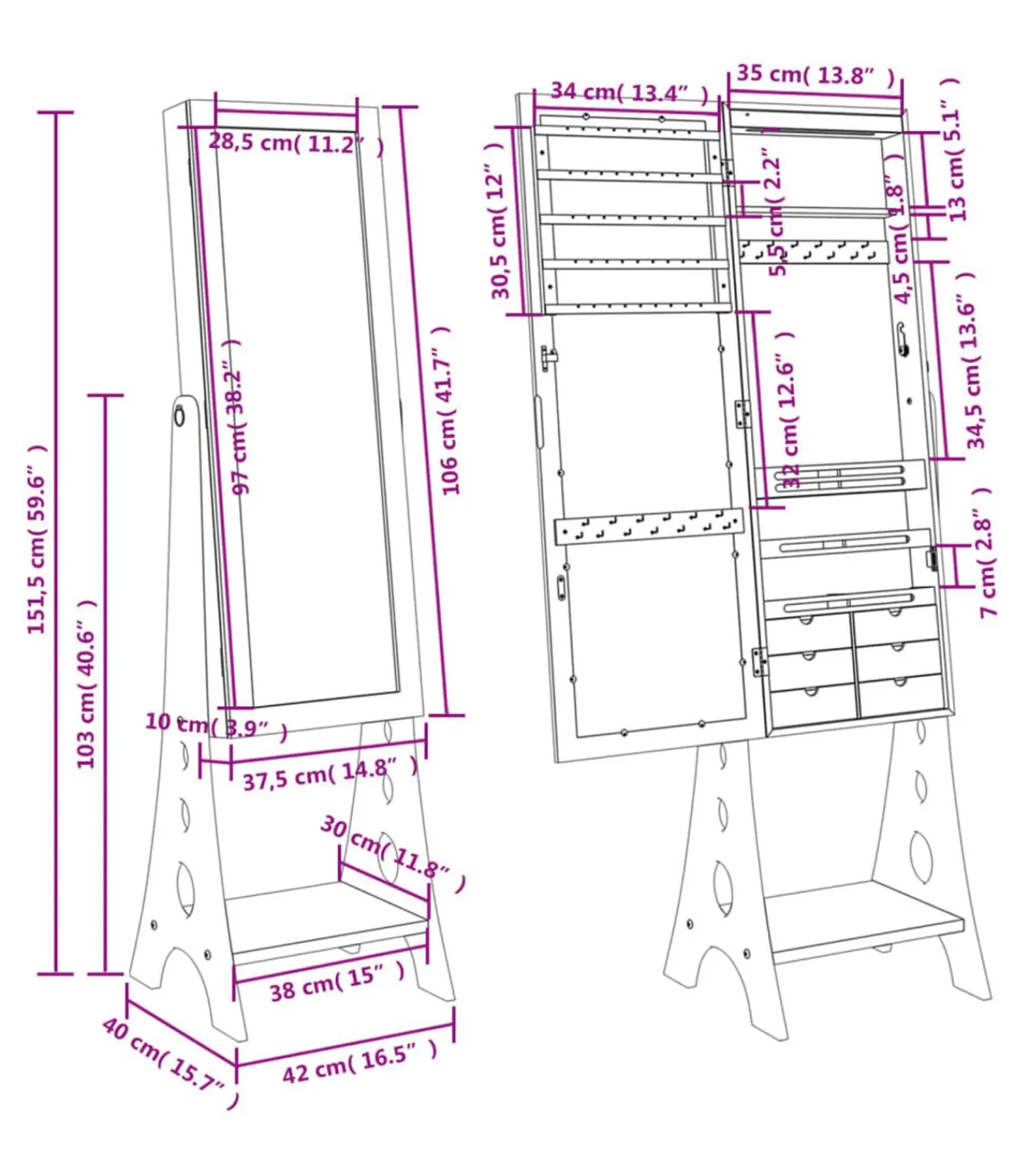 vidaXL Sieradenkast met spiegel en LED-verlichting vrijstaand zwart