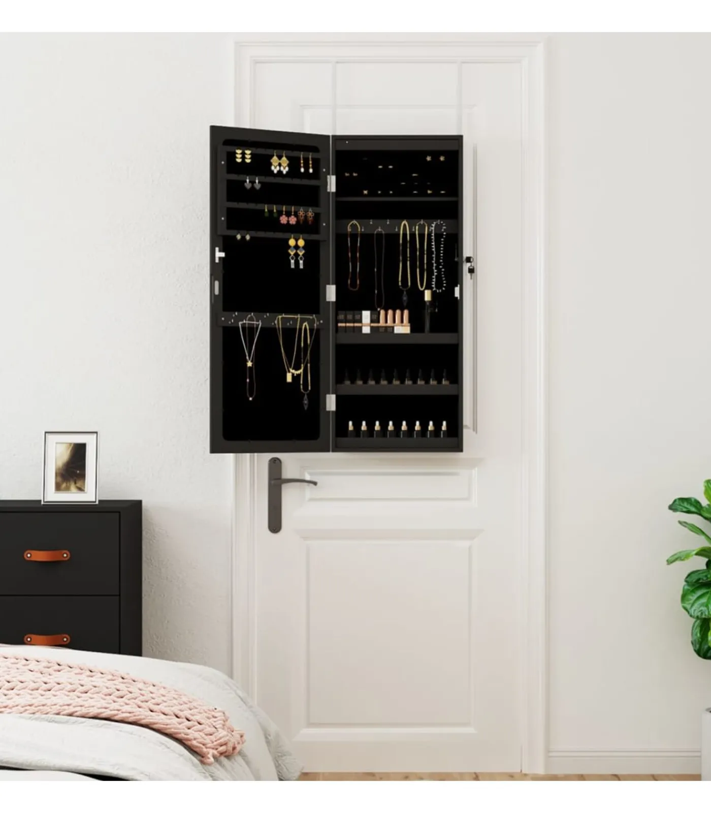 vidaXL Sieradenkast met spiegel en LED wandgemonteerd zwart