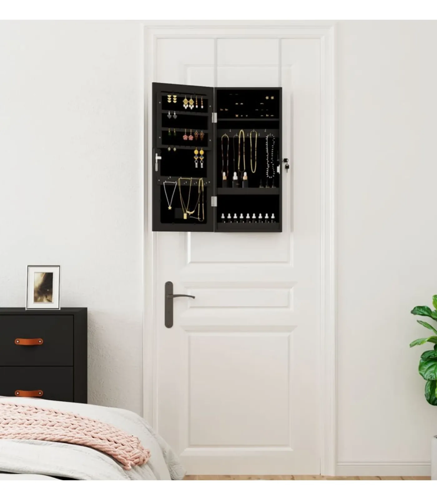 vidaXL Sieradenkast met spiegel en LED wandgemonteerd zwart