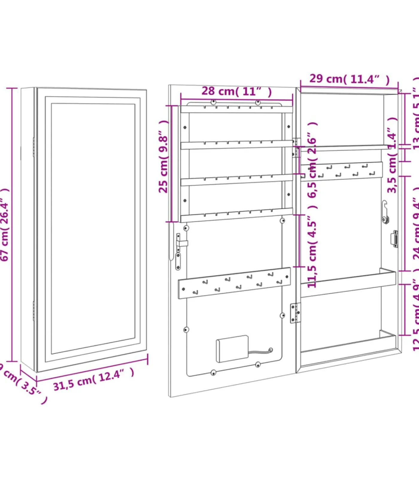 vidaXL Sieradenkast met spiegel en LED wandgemonteerd zwart