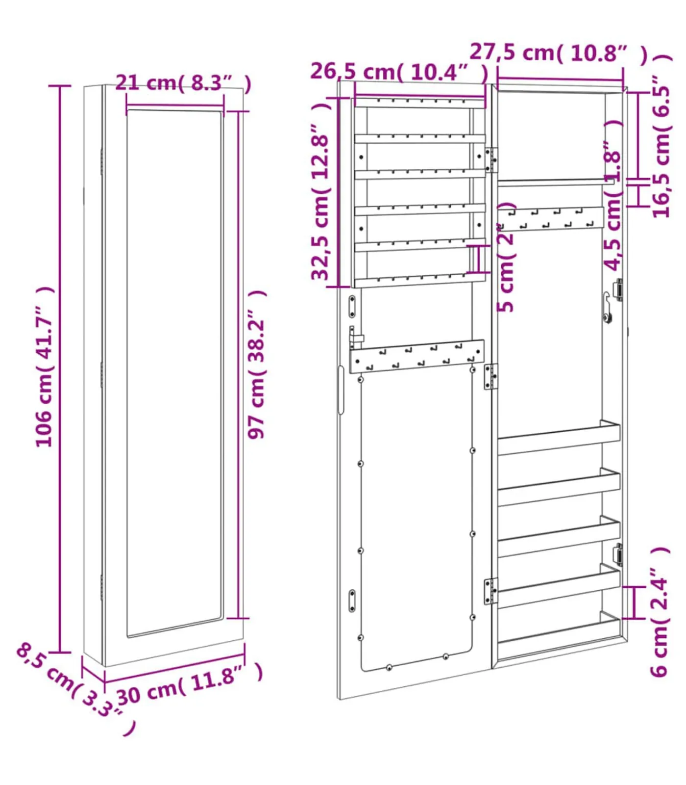 Clearance Sieradenkast met spiegel wandgemonteerd 30x8,5x106 cm wit Spiegels