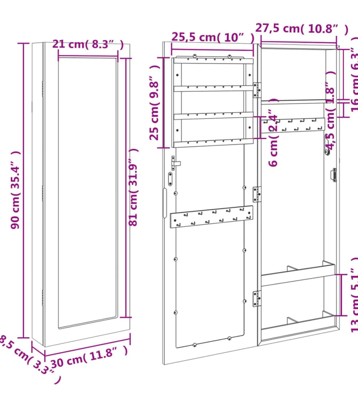 vidaXL Sieradenkast met spiegel wandgemonteerd 30x8,5x90 cm wit