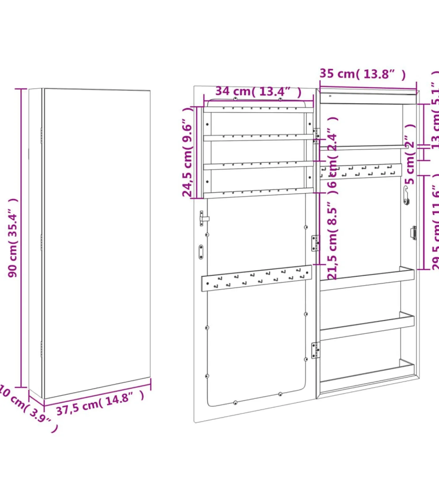 vidaXL Sieradenkast met spiegel en LED wandgemonteerd wit