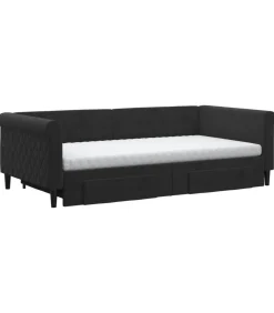 New Slaapbank met onderschuifbed en lades 100x200 cm fluweel zwart Bedden