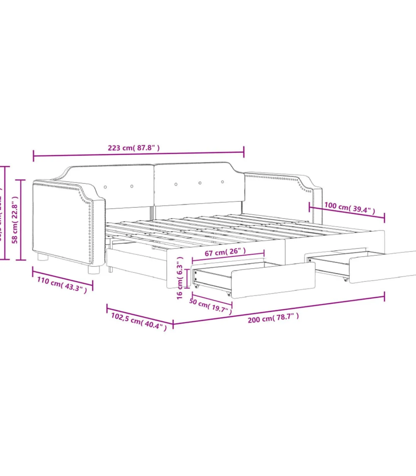 vidaXL Slaapbank met onderschuifbed en lades 100x200 cm stof zwart