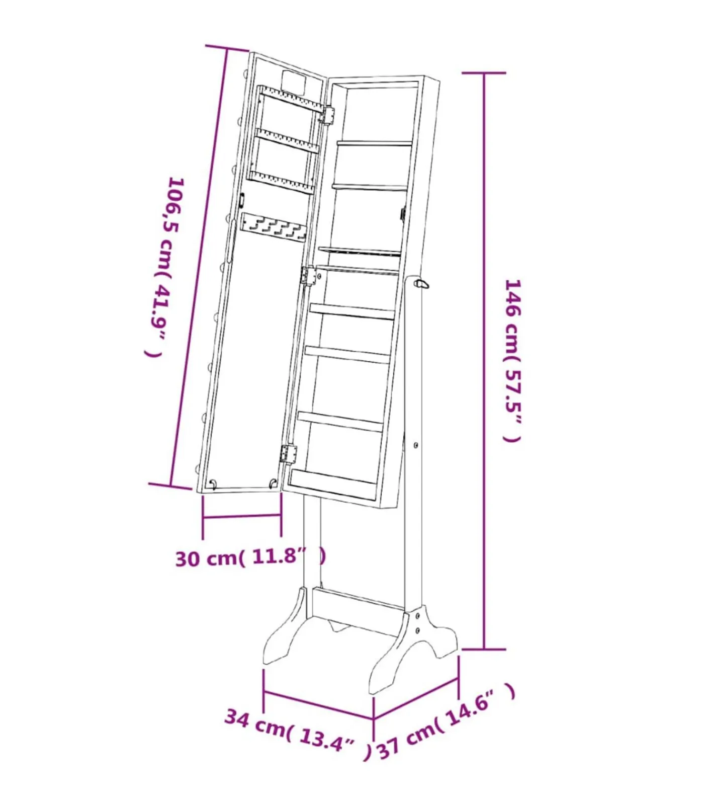 vidaXL Spiegel vrijstaand met LED's 34x37x146 cm zwart