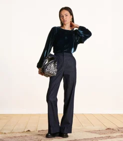 DAMES La Fée Maraboutée Top van petrolblauwe fluweel met lange mouwen