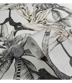 Hot Topchic Behang Monkey Jungle Leaves grijs en zwart Decoratie